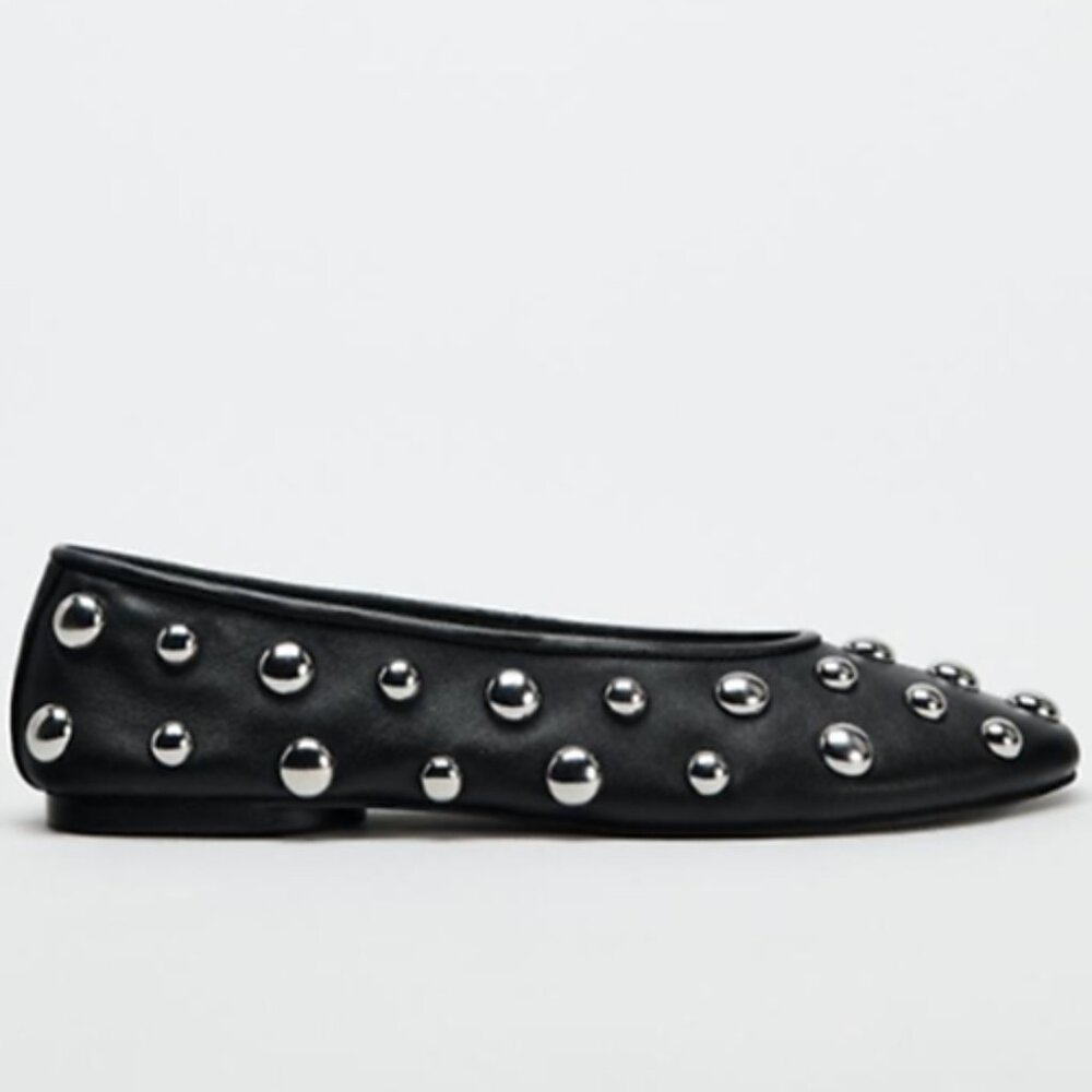 ZARA Studded Leather Black Ballet Flats